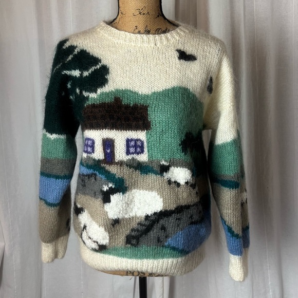 Vintage Sweaters - Vtg Samantha Taylor Women's Wool Mohair Sheep Sweater  Country Cottagecore Med